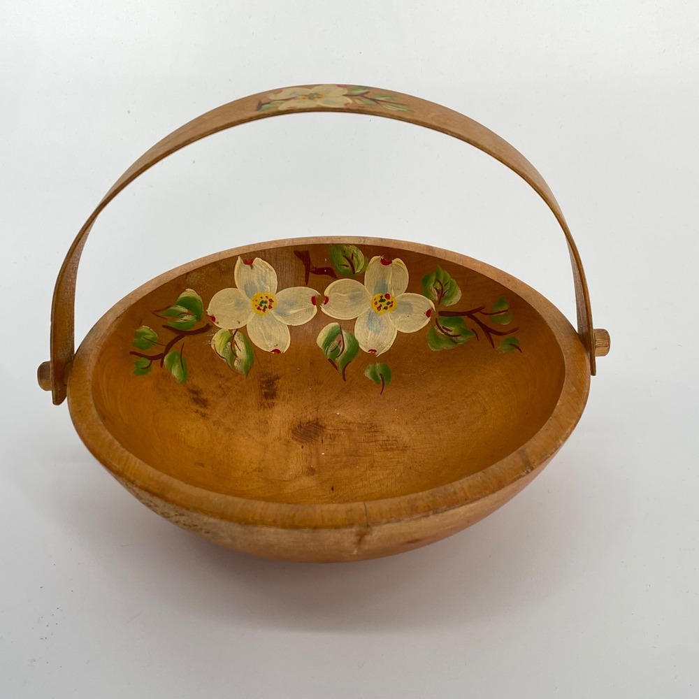 Vintage 40s Wood Basket Bentwood Handle Hand Painted Floral Folk Art Cottage